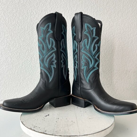 Lane Saratoga Womens Square Toe Cowboy Boots 8 Black Turquoise Western Mid Calf - Picture 7 of 12